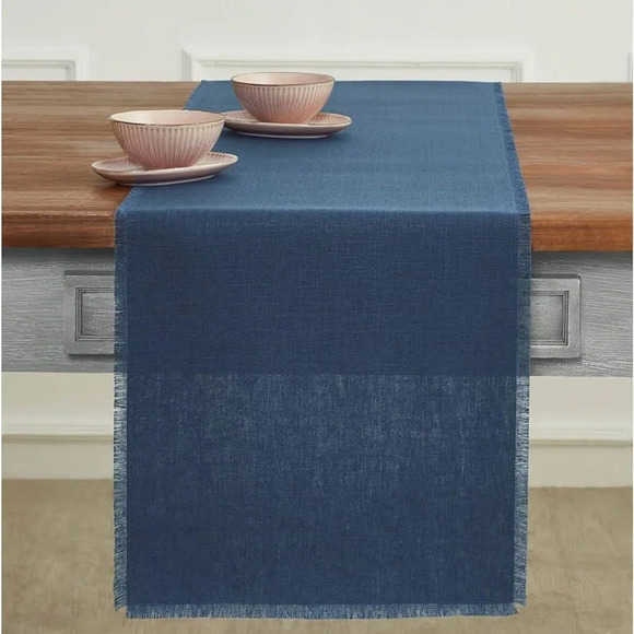 Solino Home 100% Pure Linen Vintage Blue Table Runner 14 x 90 Inch - Picture 2 of 5